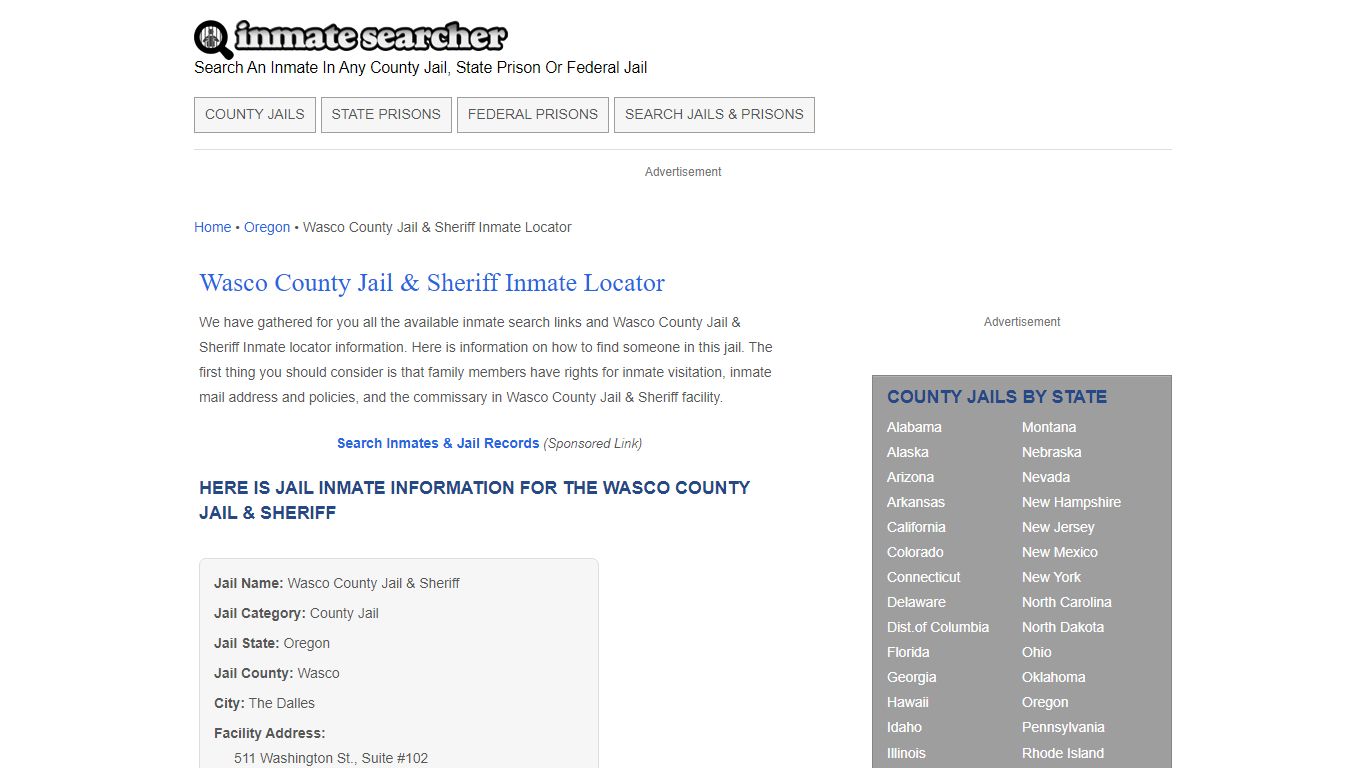 Wasco County Jail & Sheriff Inmate Locator - Inmate Searcher